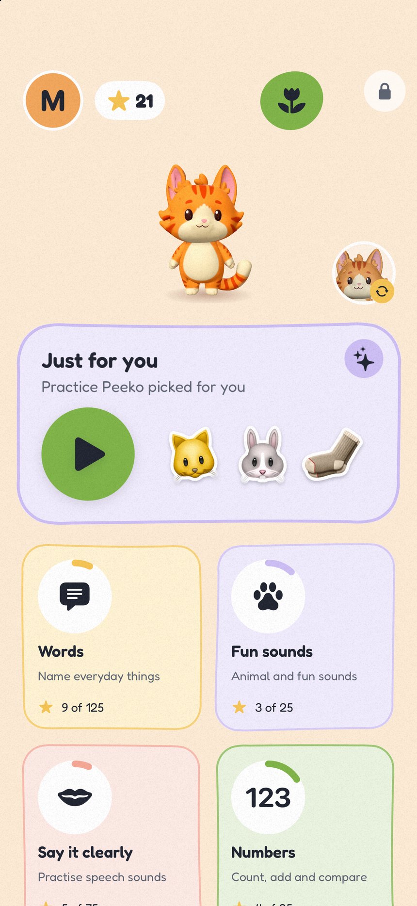 Tokaboo's child home on iPhone: the buddy, a big Play next card and the activities