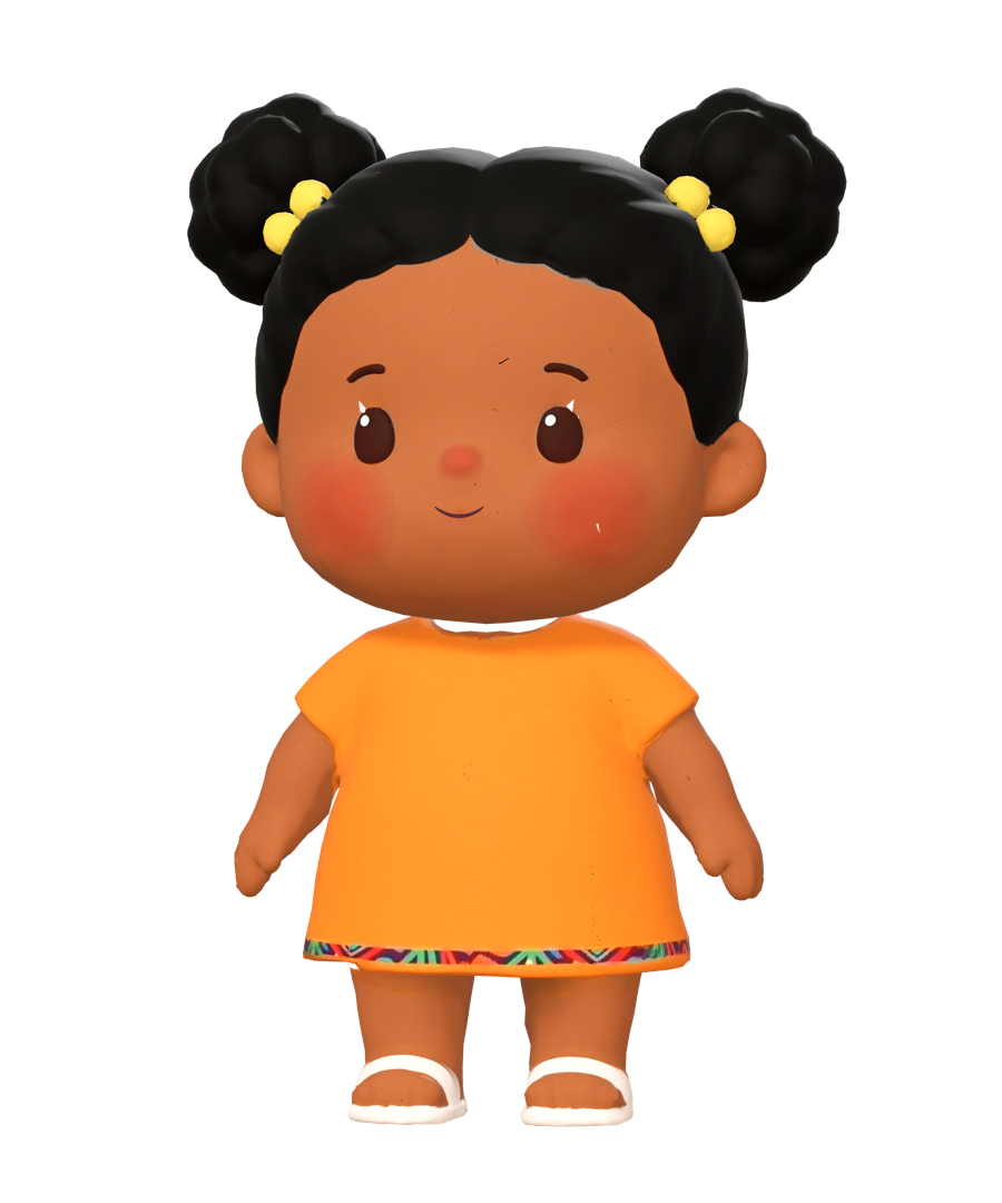 Ada, a toddler girl with two puffs, in an orange dress
