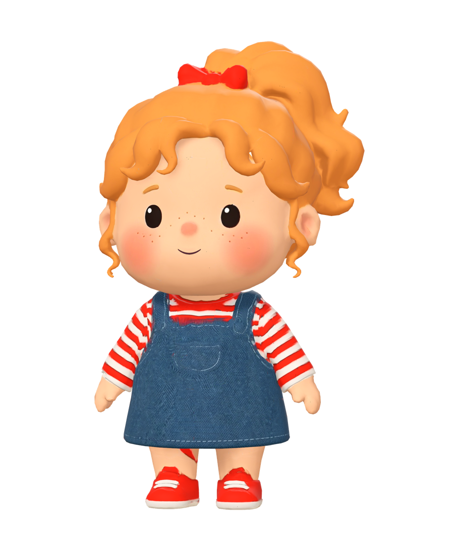 Olivia, a toddler girl in a denim pinafore, with a strawberry-blonde ponytail
