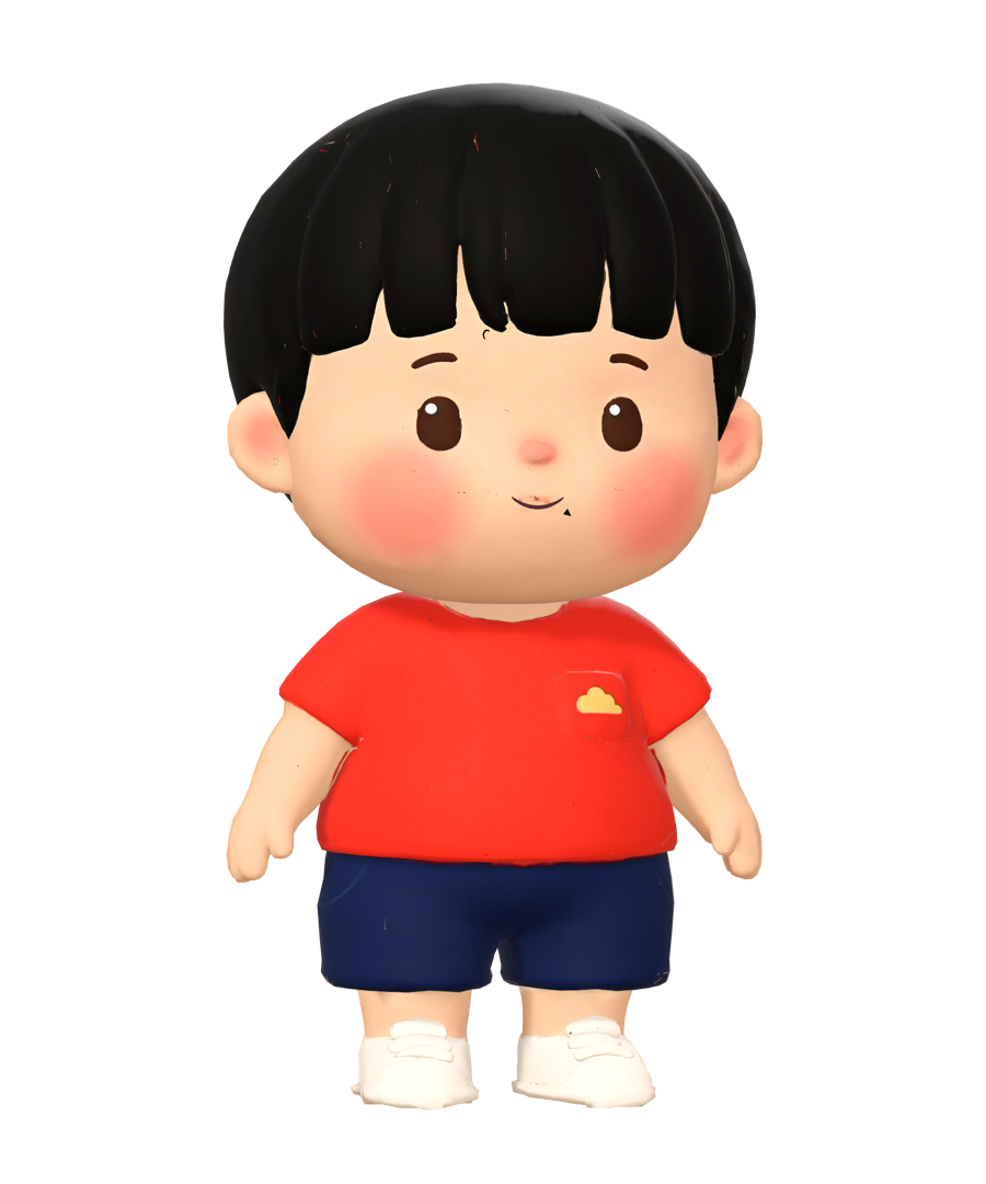 Haoran, a toddler boy with a bowl cut, in a red T-shirt