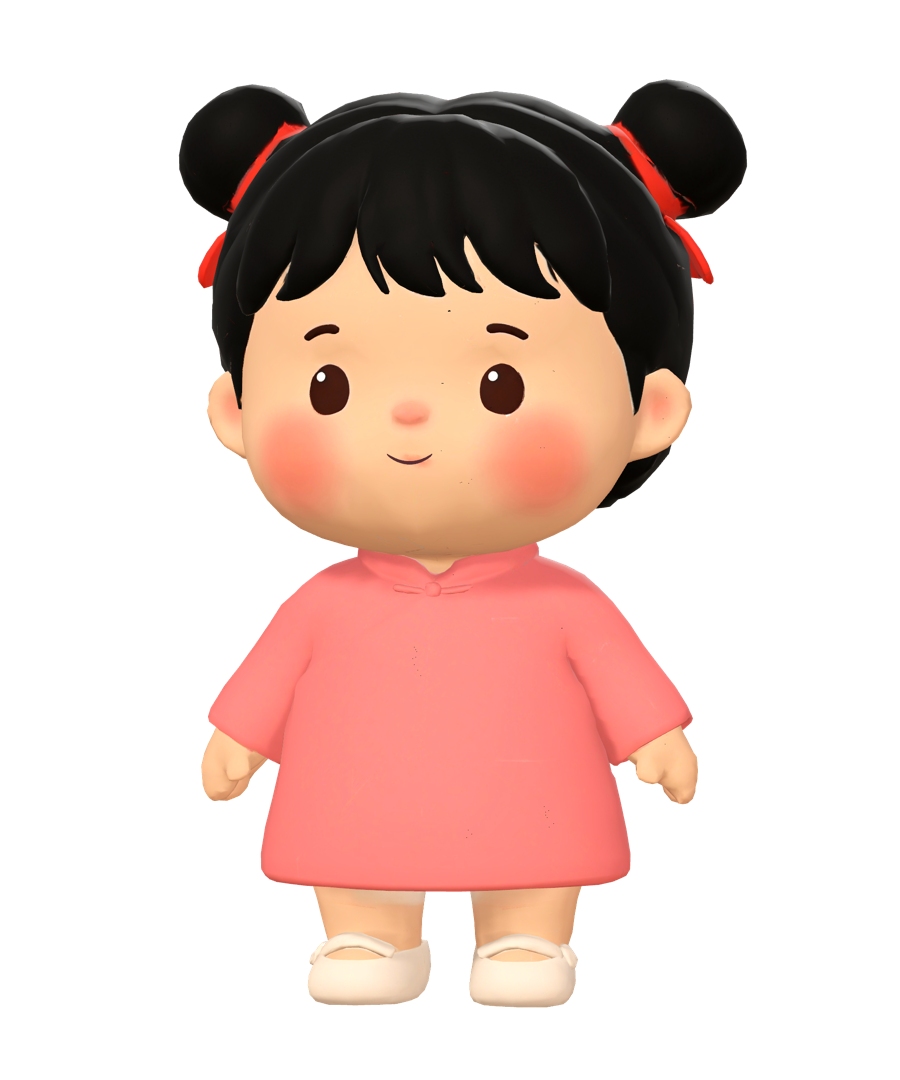 Yinuo, a toddler girl with two buns and red ribbons, in a pink dress