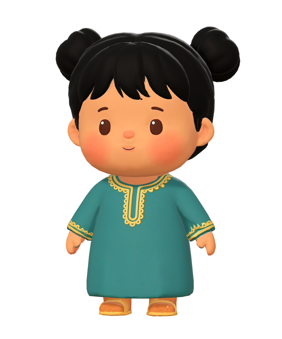 Maryam, a toddler girl in a teal dress with gold trim