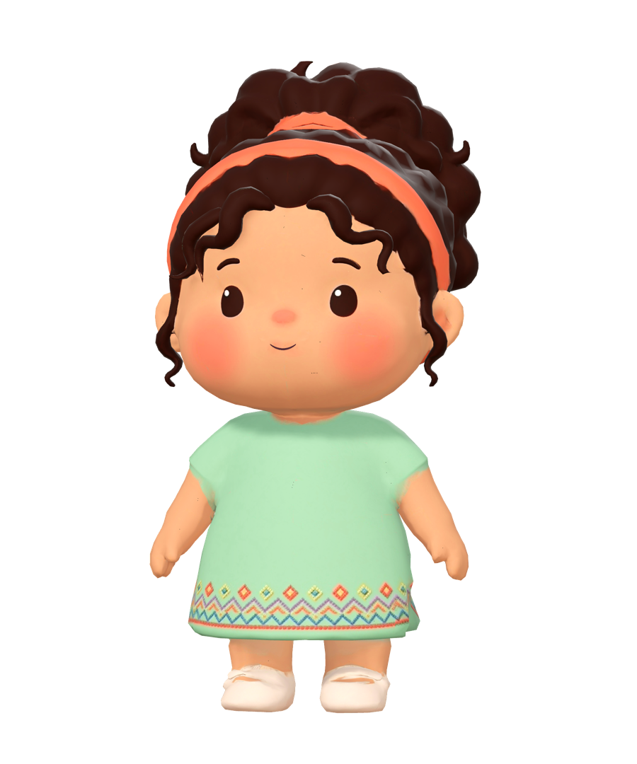 Yara, a toddler girl in a mint dress, with curly hair and a coral headband