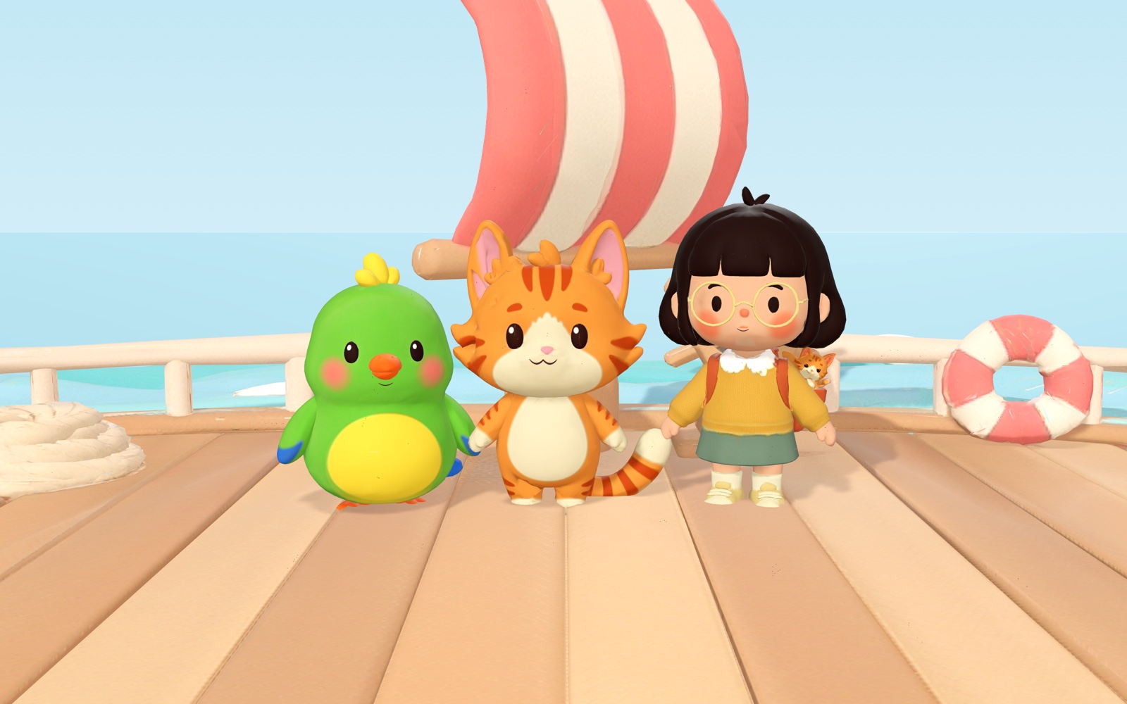 Kiwi, Peeko and Lina on the deck of a toy sailing boat with a striped sail