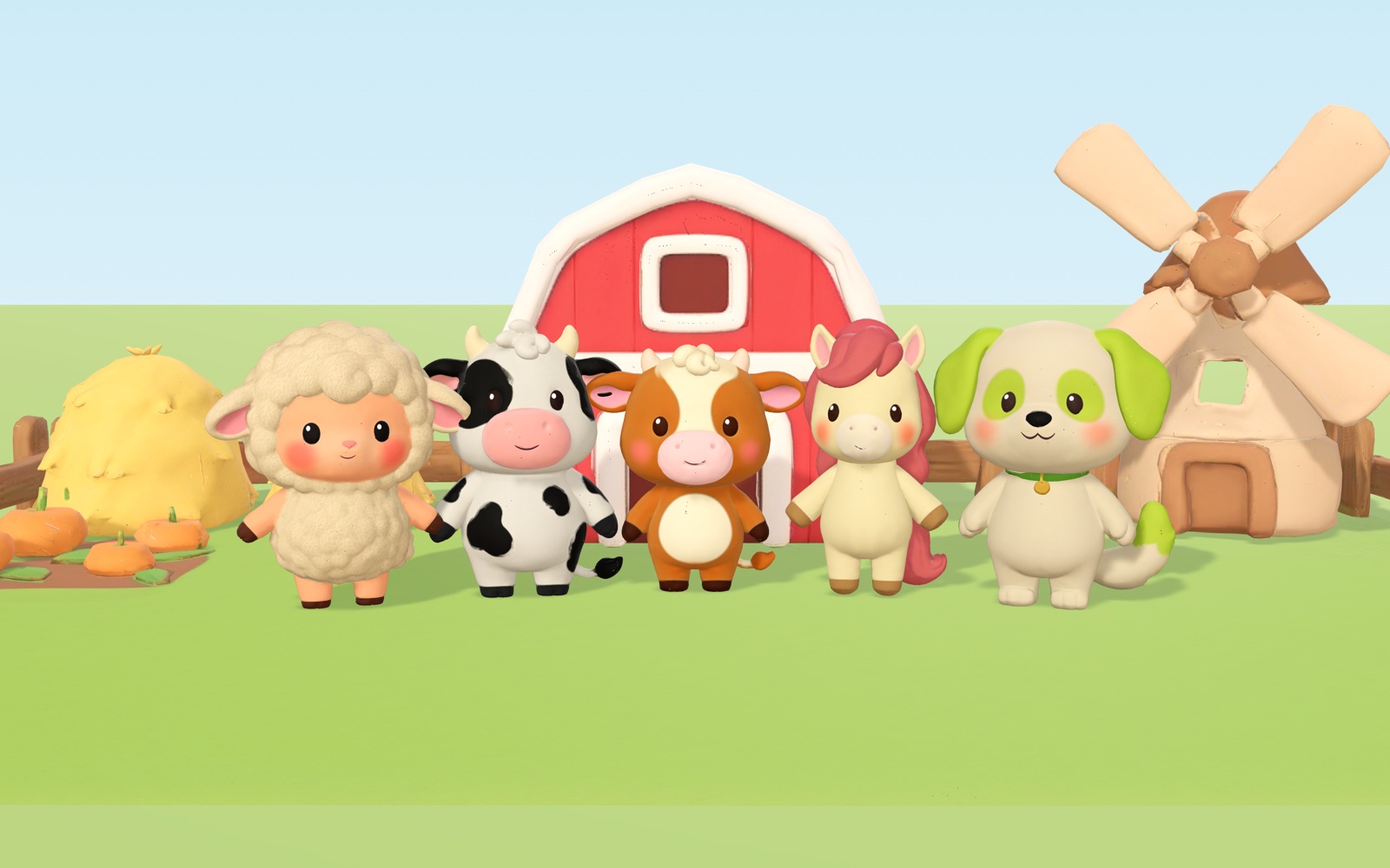 Puff, Daisy, Calf, Sunny and Coco in front of a red barn and a windmill