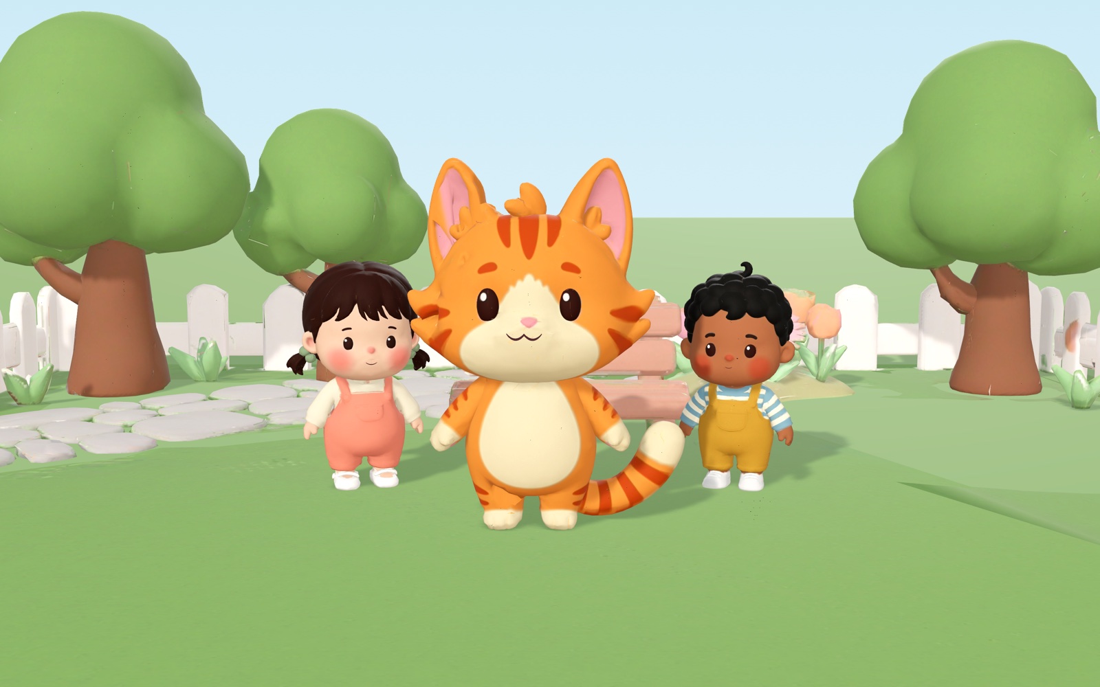 Peeko and two toddlers in the garden park, with trees and a white fence