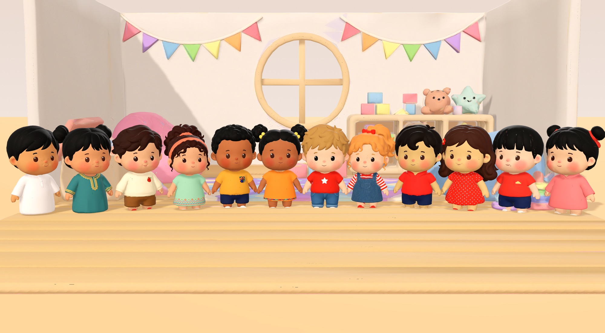 Twelve little Tokaboo friends standing hand in hand in the 3D playroom
